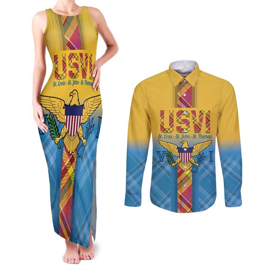 US Virgin Islands Couples Matching Tank Maxi Dress and Long Sleeve Button Shirt Madras Pattern Gradient Style - Wonder Print Shop