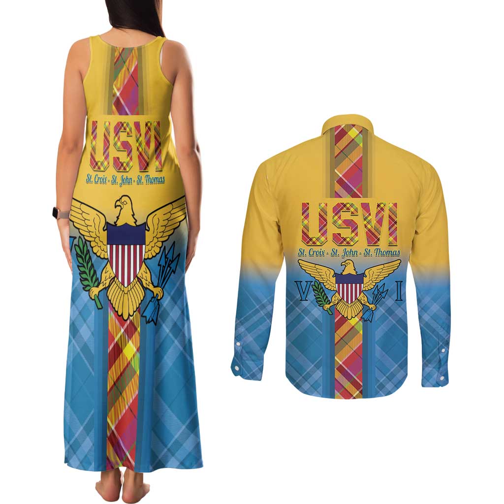 US Virgin Islands Couples Matching Tank Maxi Dress and Long Sleeve Button Shirt Madras Pattern Gradient Style - Wonder Print Shop