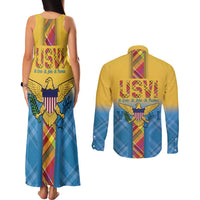 US Virgin Islands Couples Matching Tank Maxi Dress and Long Sleeve Button Shirt Madras Pattern Gradient Style - Wonder Print Shop