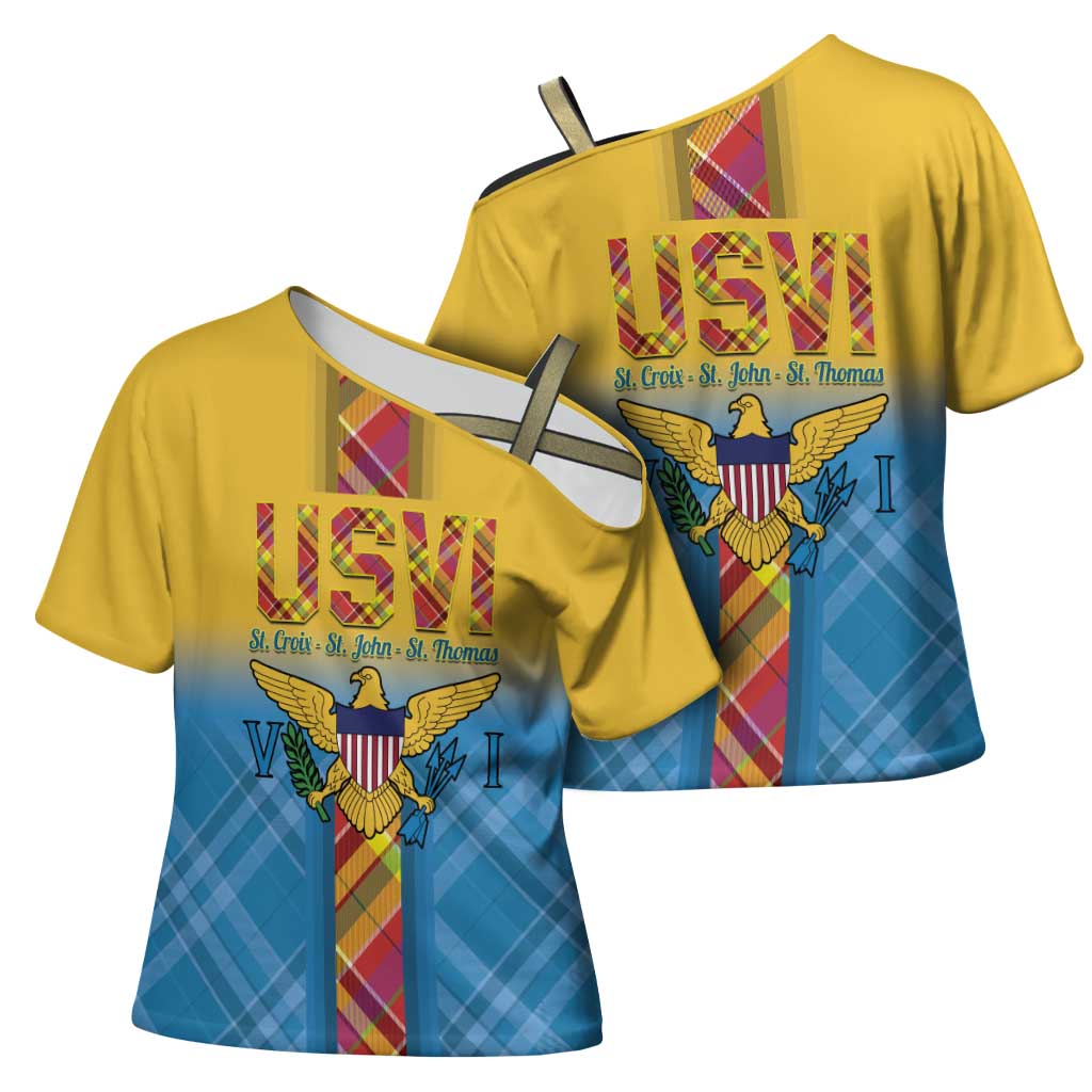 US Virgin Islands Cross Shoulder Shirt Madras Pattern Gradient Style - Wonder Print Shop