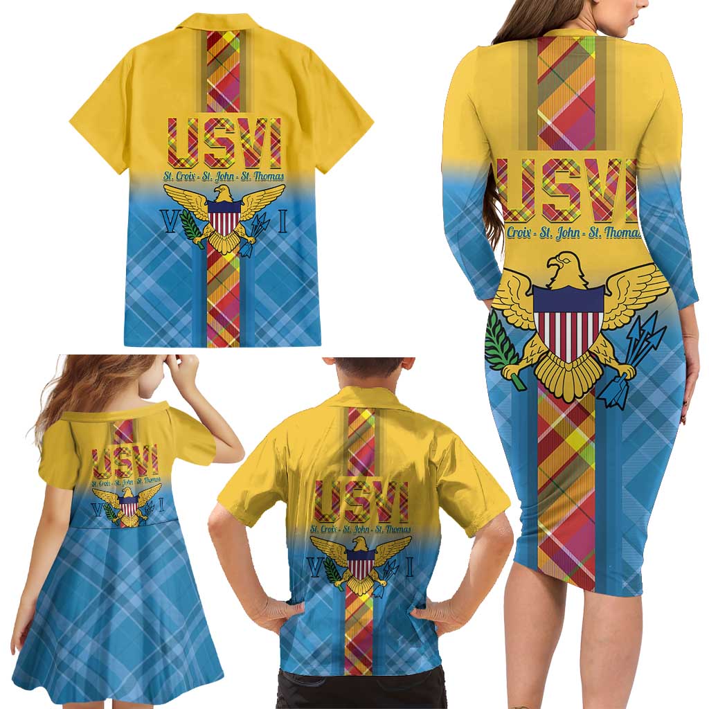 US Virgin Islands Family Matching Long Sleeve Bodycon Dress and Hawaiian Shirt Madras Pattern Gradient Style - Wonder Print Shop