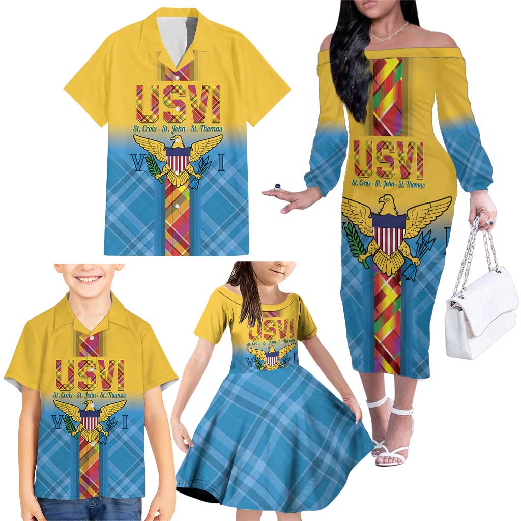 US Virgin Islands Family Matching Off The Shoulder Long Sleeve Dress and Hawaiian Shirt Madras Pattern Gradient Style - Wonder Print Shop
