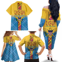 US Virgin Islands Family Matching Off The Shoulder Long Sleeve Dress and Hawaiian Shirt Madras Pattern Gradient Style - Wonder Print Shop