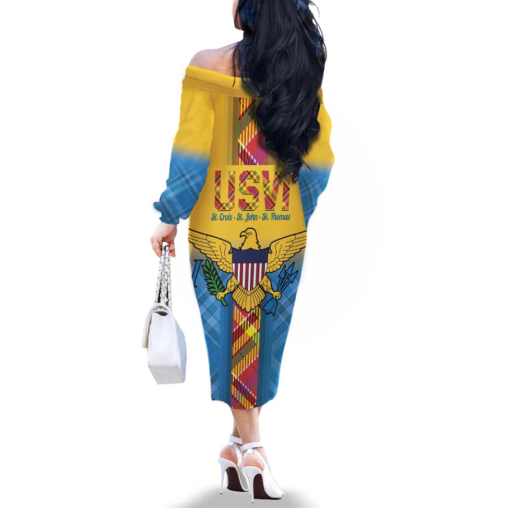 US Virgin Islands Family Matching Off The Shoulder Long Sleeve Dress and Hawaiian Shirt Madras Pattern Gradient Style - Wonder Print Shop