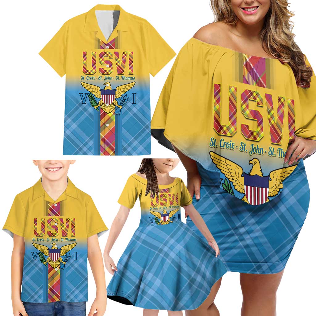 US Virgin Islands Family Matching Off Shoulder Short Dress and Hawaiian Shirt Madras Pattern Gradient Style - Wonder Print Shop