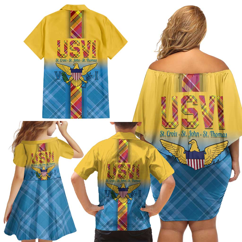 US Virgin Islands Family Matching Off Shoulder Short Dress and Hawaiian Shirt Madras Pattern Gradient Style - Wonder Print Shop