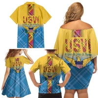 US Virgin Islands Family Matching Off Shoulder Short Dress and Hawaiian Shirt Madras Pattern Gradient Style - Wonder Print Shop