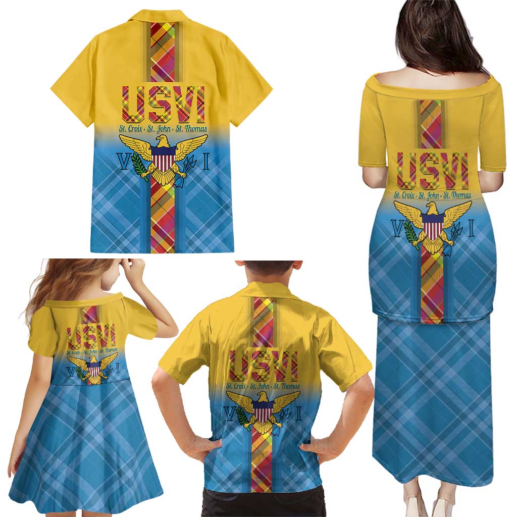 US Virgin Islands Family Matching Puletasi and Hawaiian Shirt Madras Pattern Gradient Style - Wonder Print Shop