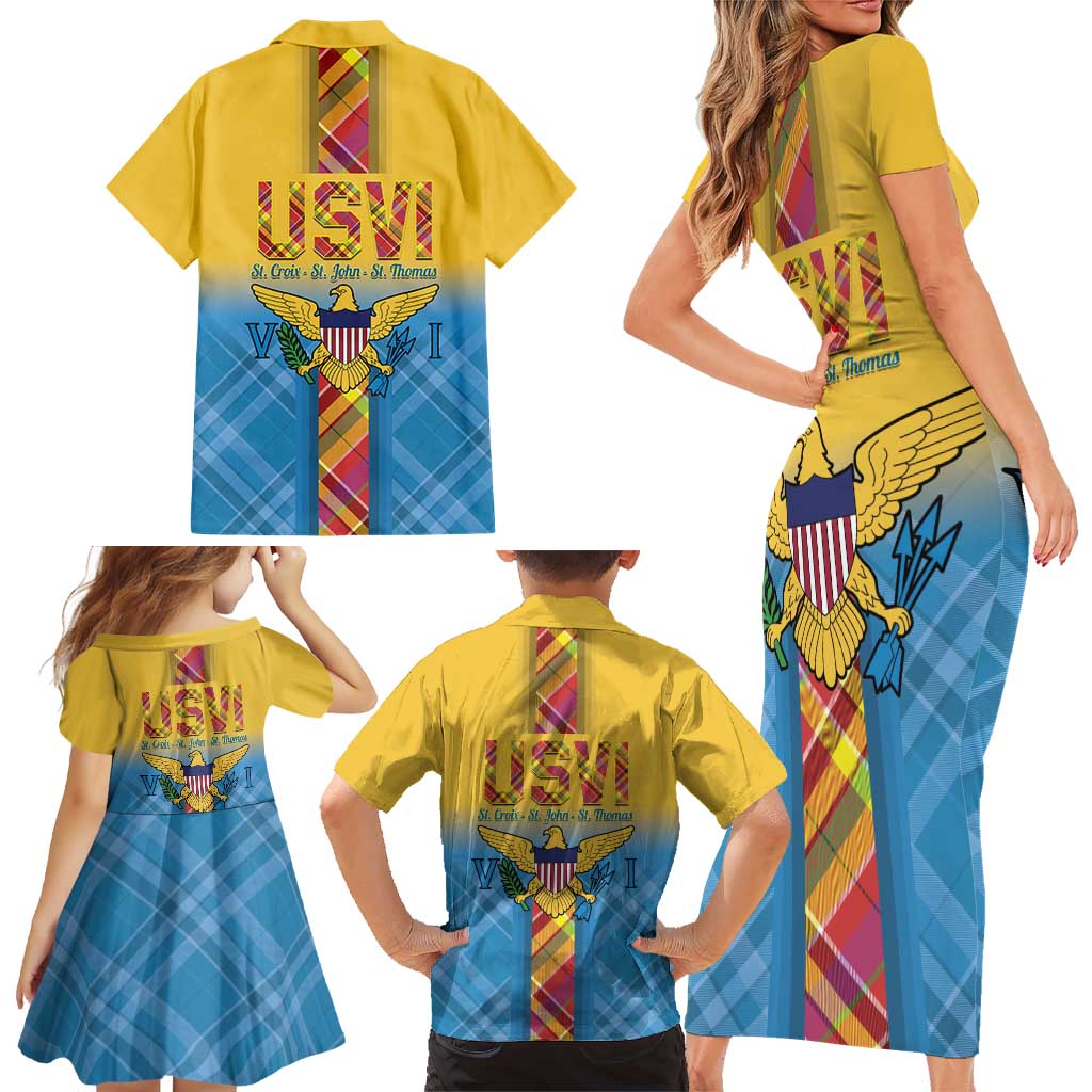 US Virgin Islands Family Matching Short Sleeve Bodycon Dress and Hawaiian Shirt Madras Pattern Gradient Style - Wonder Print Shop