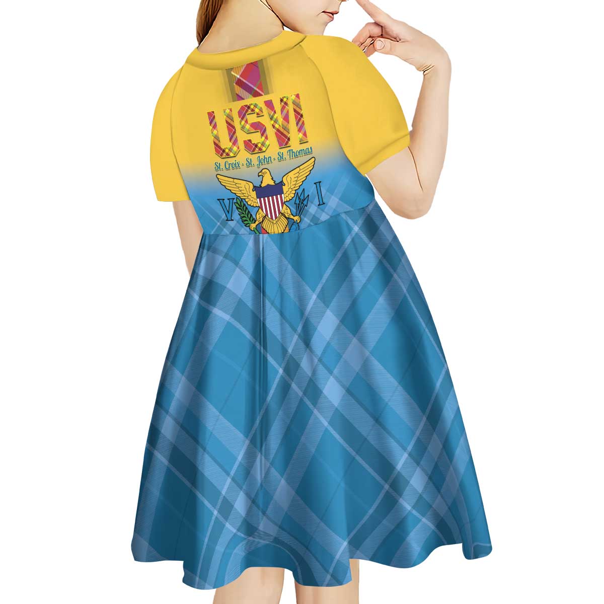 US Virgin Islands Kid Short Sleeve Dress Madras Pattern Gradient Style - Wonder Print Shop
