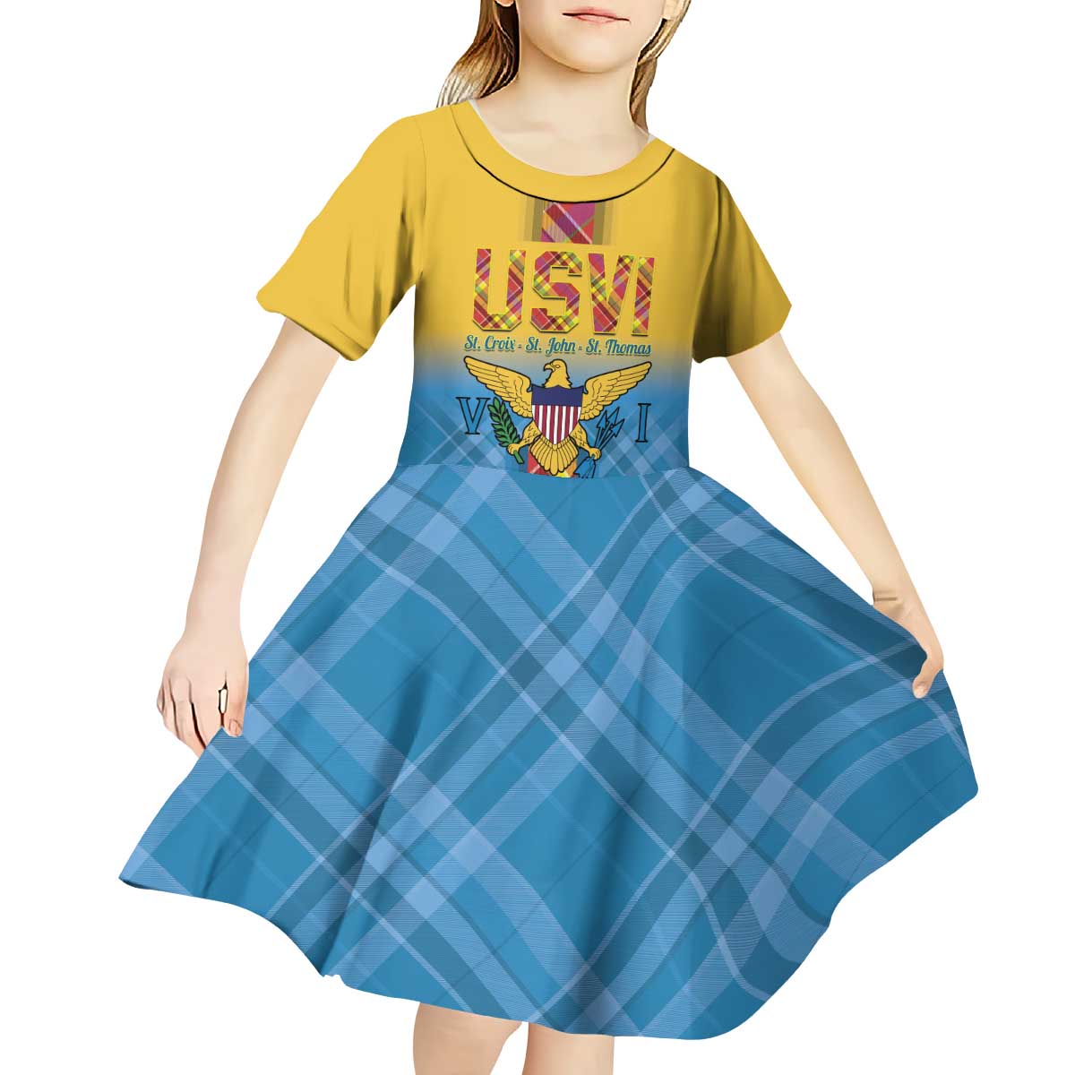 US Virgin Islands Kid Short Sleeve Dress Madras Pattern Gradient Style - Wonder Print Shop