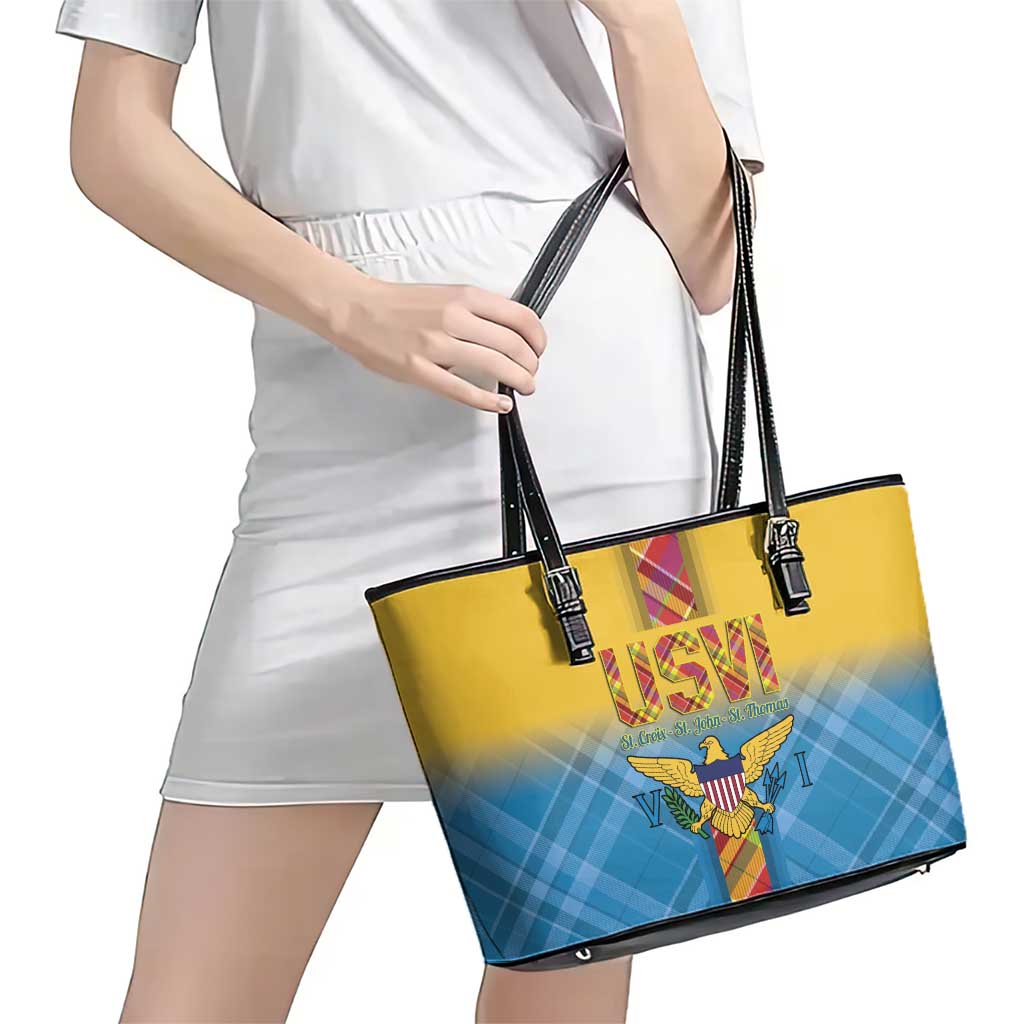 US Virgin Islands Leather Tote Bag Madras Pattern Gradient Style - Wonder Print Shop