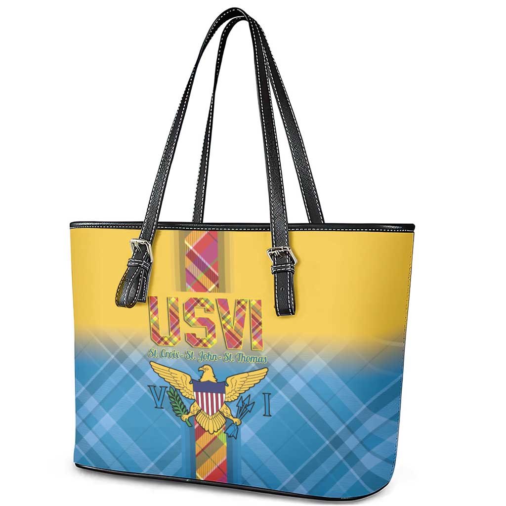 US Virgin Islands Leather Tote Bag Madras Pattern Gradient Style - Wonder Print Shop