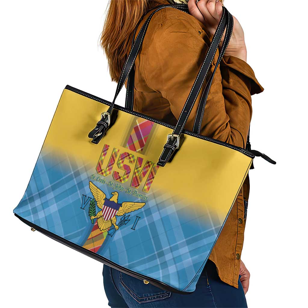 US Virgin Islands Leather Tote Bag Madras Pattern Gradient Style - Wonder Print Shop