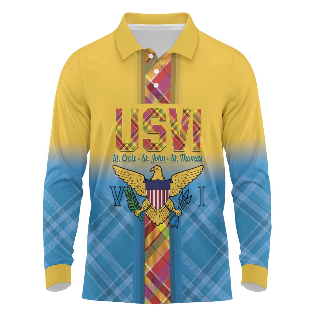 US Virgin Islands Long Sleeve Polo Shirt Madras Pattern Gradient Style - Wonder Print Shop