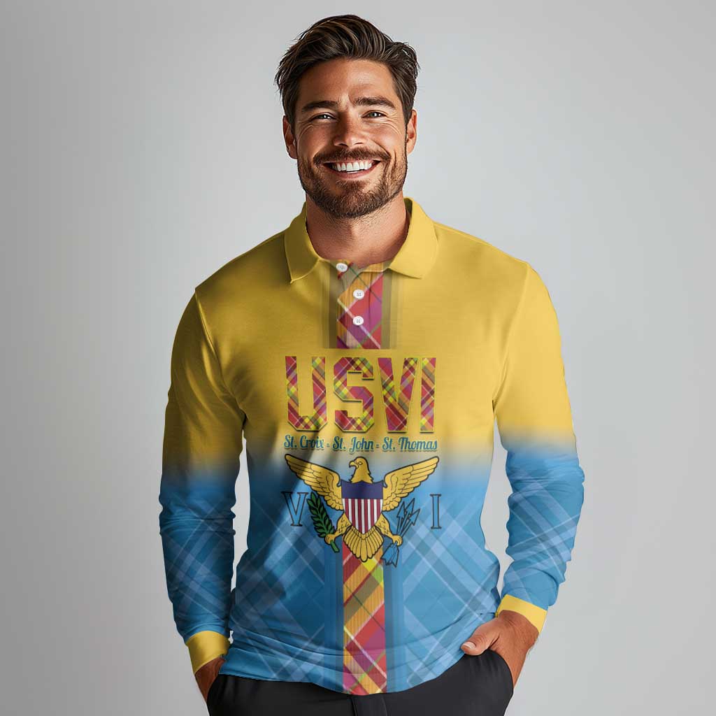 US Virgin Islands Long Sleeve Polo Shirt Madras Pattern Gradient Style - Wonder Print Shop