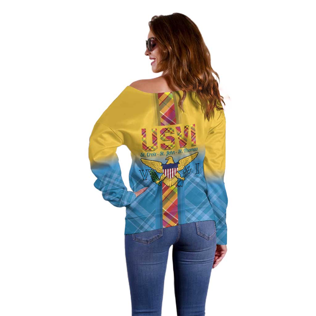 US Virgin Islands Off Shoulder Sweater Madras Pattern Gradient Style - Wonder Print Shop
