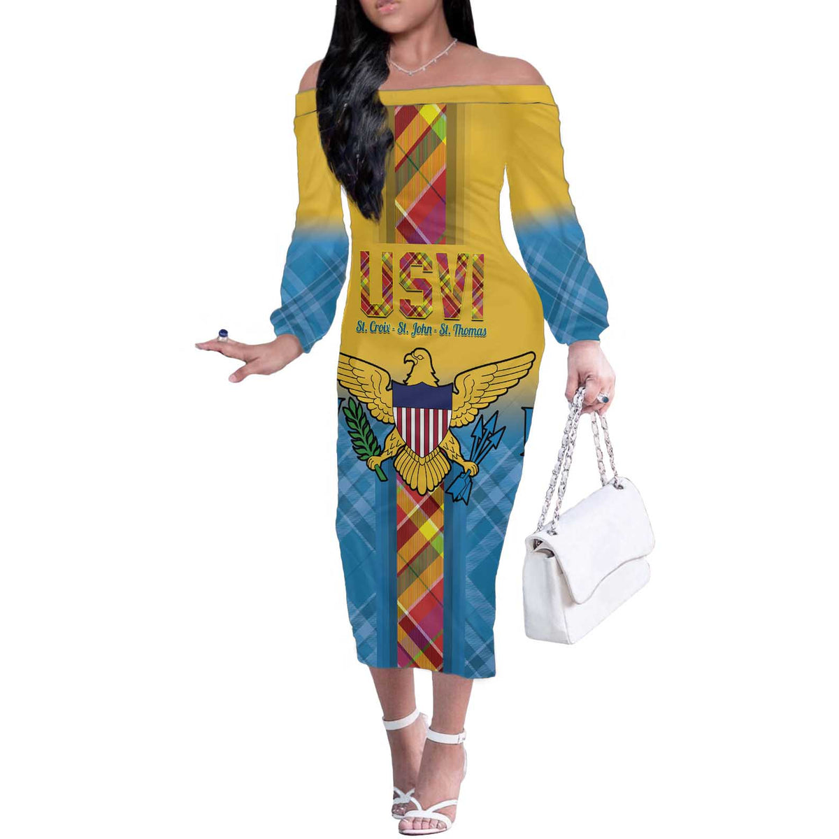 US Virgin Islands Off The Shoulder Long Sleeve Dress Madras Pattern Gradient Style - Wonder Print Shop