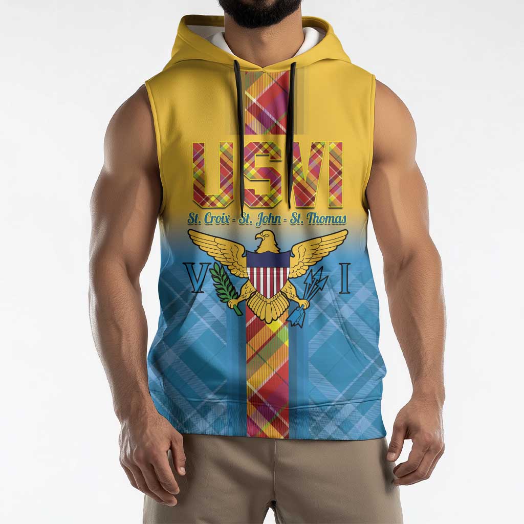 US Virgin Islands Sleeveless Hoodie Madras Pattern Gradient Style - Wonder Print Shop