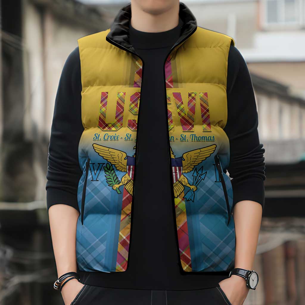 US Virgin Islands Sleeveless Puffer Jacket Madras Pattern Gradient Style - Wonder Print Shop