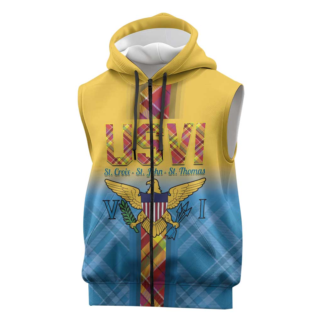 US Virgin Islands Sleeveless Zip Hoodie Madras Pattern Gradient Style - Wonder Print Shop