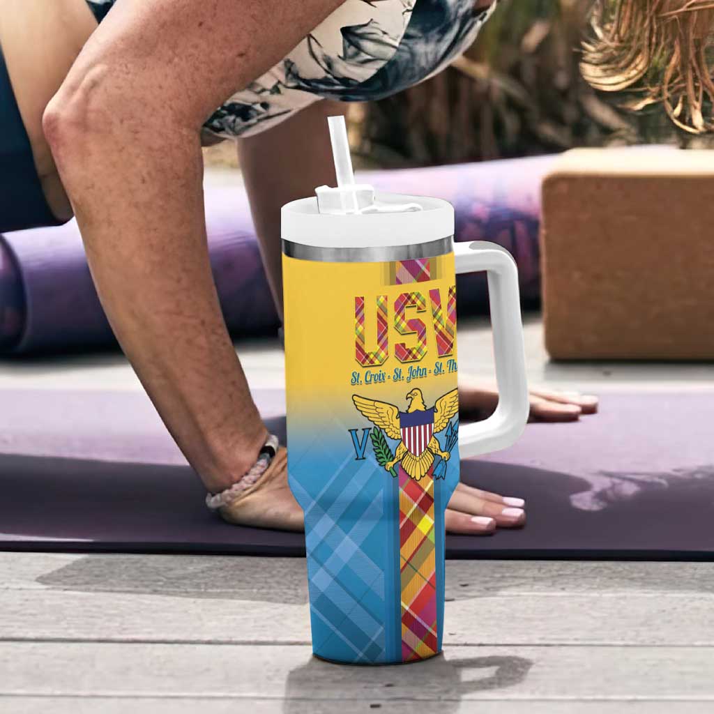 US Virgin Islands Tumbler With Handle Madras Pattern Gradient Style - Wonder Print Shop
