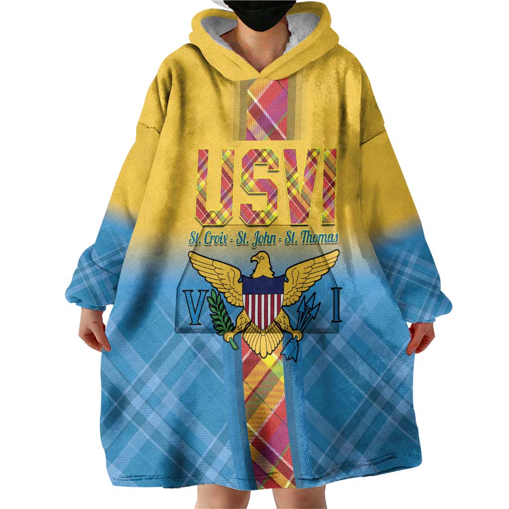 US Virgin Islands Wearable Blanket Hoodie Madras Pattern Gradient Style - Wonder Print Shop