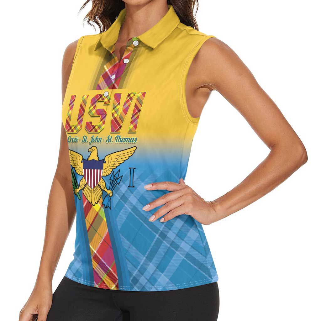US Virgin Islands Women Sleeveless Polo Shirt Madras Pattern Gradient Style - Wonder Print Shop