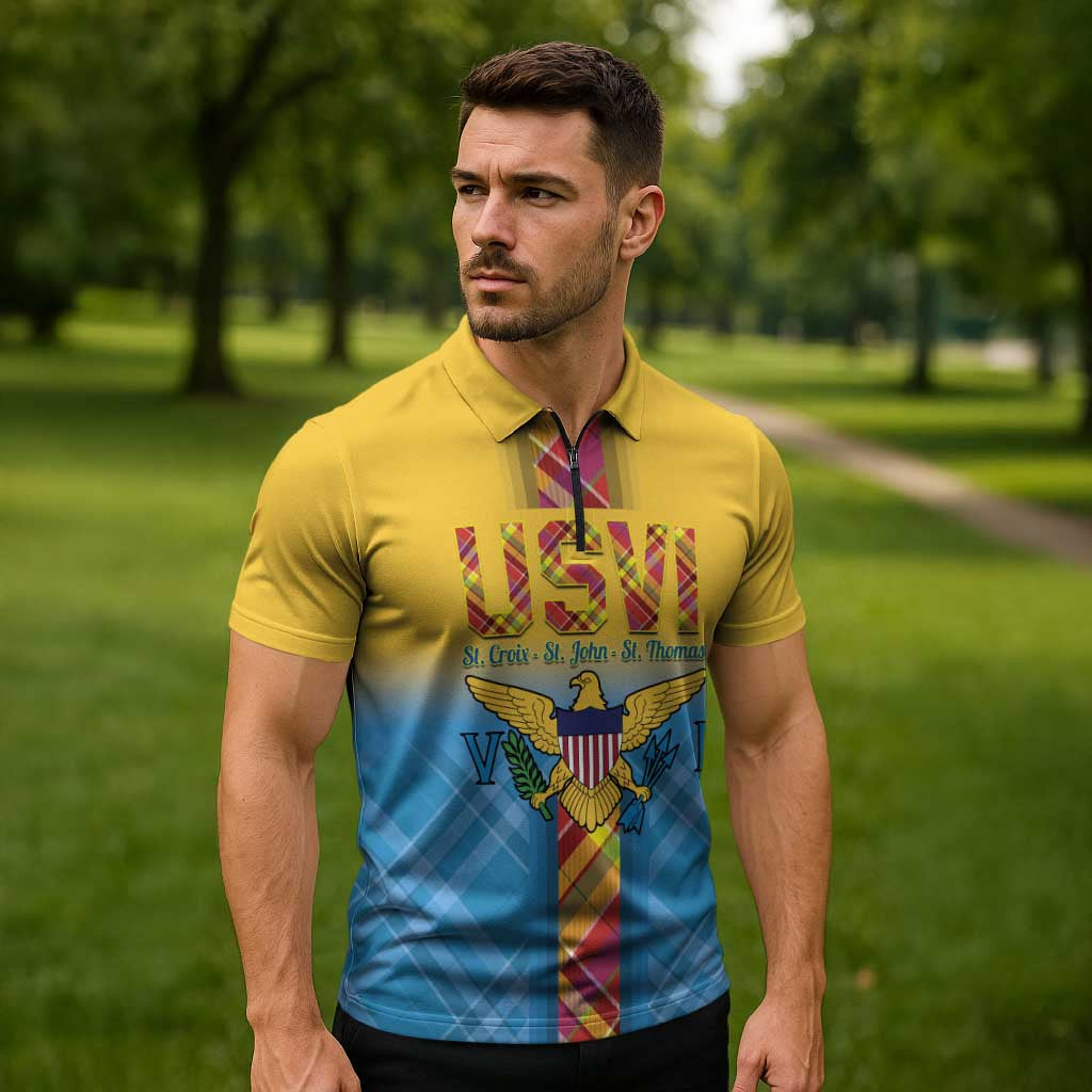 US Virgin Islands Zipper Polo Shirt Madras Pattern Gradient Style - Wonder Print Shop
