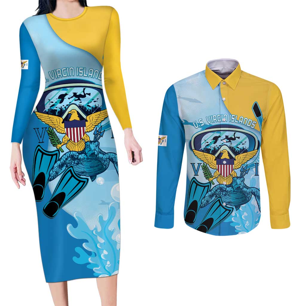 US Virgin Islands Snorkeling Couples Matching Long Sleeve Bodycon Dress and Long Sleeve Button Shirt Sea Turtle Snorkel Ocean Style - Wonder Print Shop
