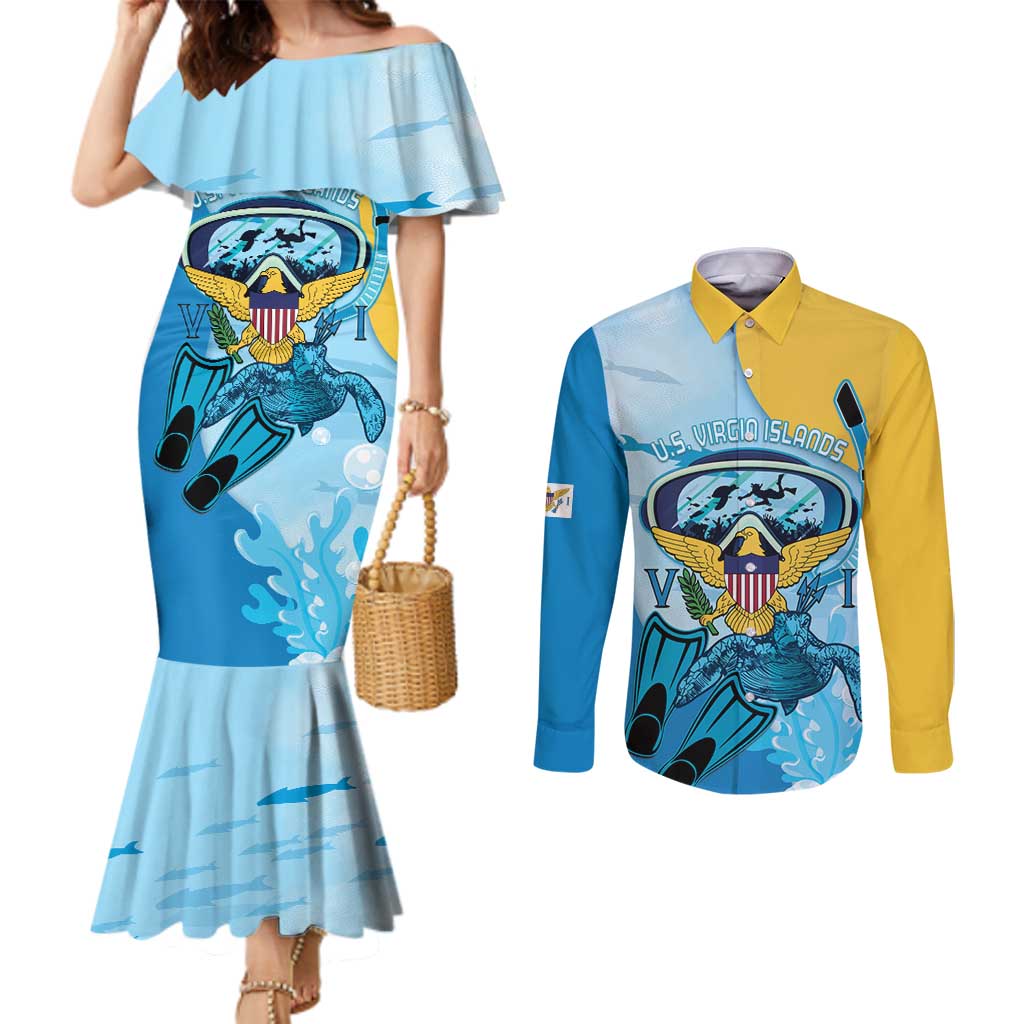 US Virgin Islands Snorkeling Couples Matching Mermaid Dress and Long Sleeve Button Shirt Sea Turtle Snorkel Ocean Style - Wonder Print Shop