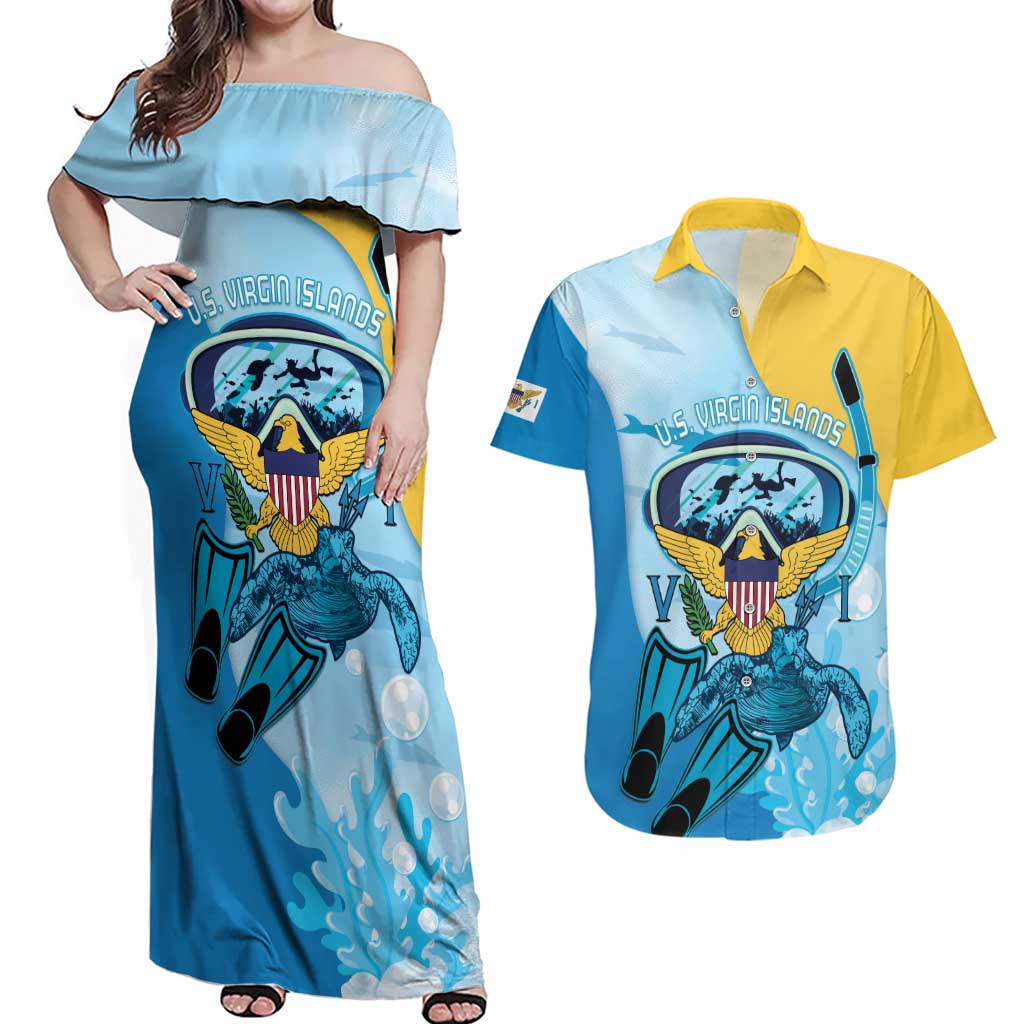 US Virgin Islands Snorkeling Couples Matching Off Shoulder Maxi Dress and Hawaiian Shirt Sea Turtle Snorkel Ocean Style - Wonder Print Shop