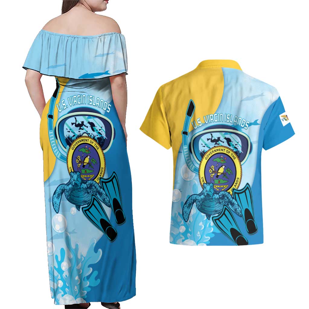 US Virgin Islands Snorkeling Couples Matching Off Shoulder Maxi Dress and Hawaiian Shirt Sea Turtle Snorkel Ocean Style - Wonder Print Shop