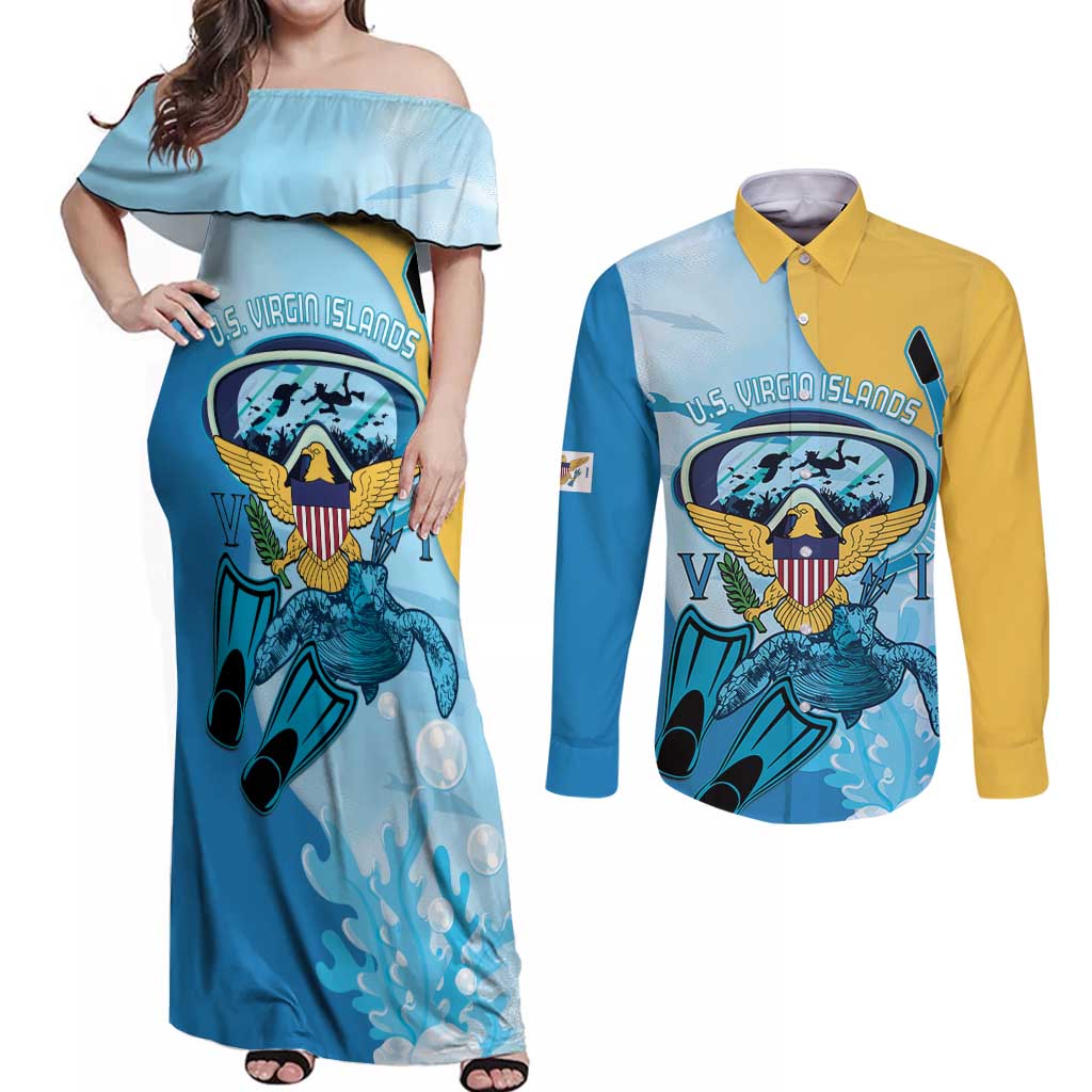 US Virgin Islands Snorkeling Couples Matching Off Shoulder Maxi Dress and Long Sleeve Button Shirt Sea Turtle Snorkel Ocean Style - Wonder Print Shop