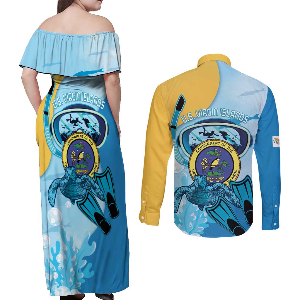 US Virgin Islands Snorkeling Couples Matching Off Shoulder Maxi Dress and Long Sleeve Button Shirt Sea Turtle Snorkel Ocean Style - Wonder Print Shop
