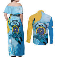 US Virgin Islands Snorkeling Couples Matching Off Shoulder Maxi Dress and Long Sleeve Button Shirt Sea Turtle Snorkel Ocean Style - Wonder Print Shop
