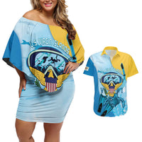 US Virgin Islands Snorkeling Couples Matching Off Shoulder Short Dress and Hawaiian Shirt Sea Turtle Snorkel Ocean Style - Wonder Print Shop