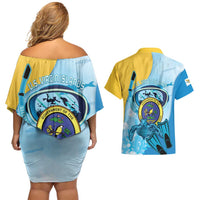 US Virgin Islands Snorkeling Couples Matching Off Shoulder Short Dress and Hawaiian Shirt Sea Turtle Snorkel Ocean Style - Wonder Print Shop