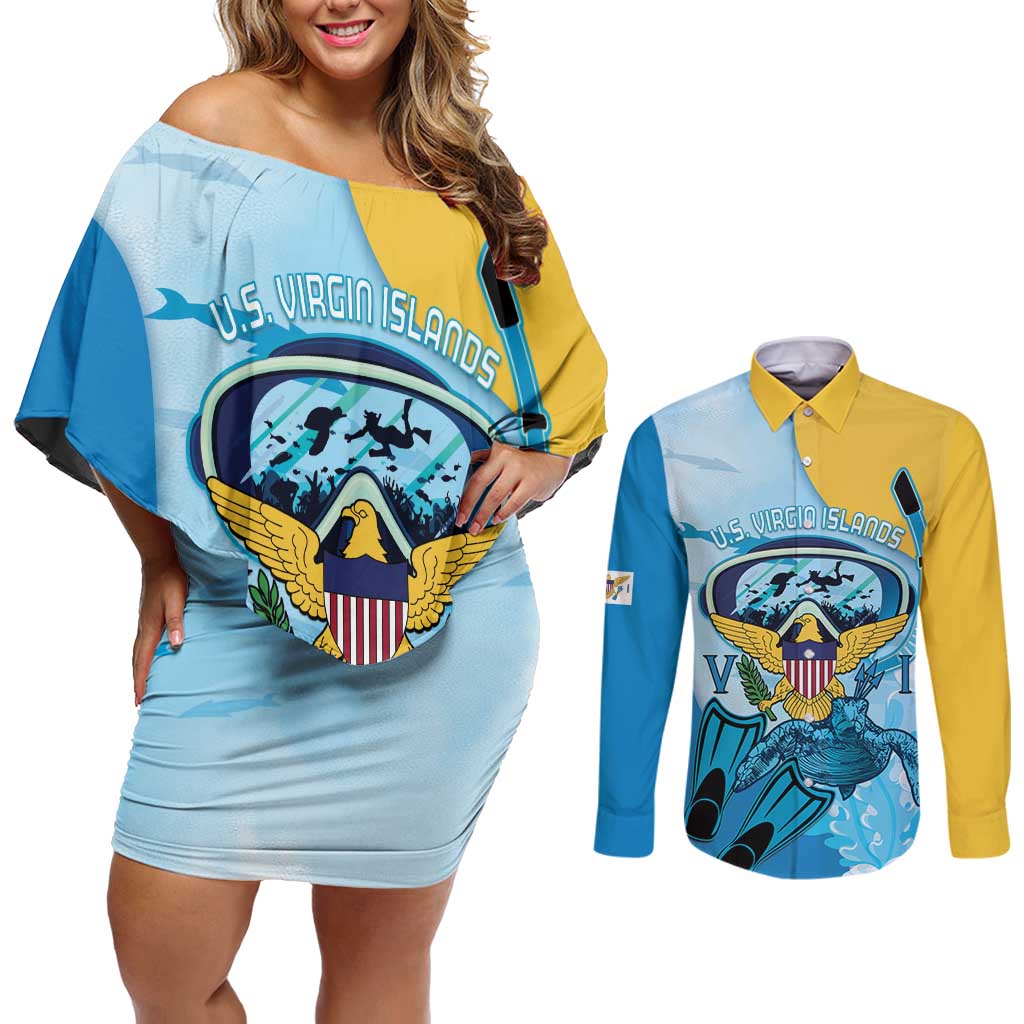 US Virgin Islands Snorkeling Couples Matching Off Shoulder Short Dress and Long Sleeve Button Shirt Sea Turtle Snorkel Ocean Style - Wonder Print Shop