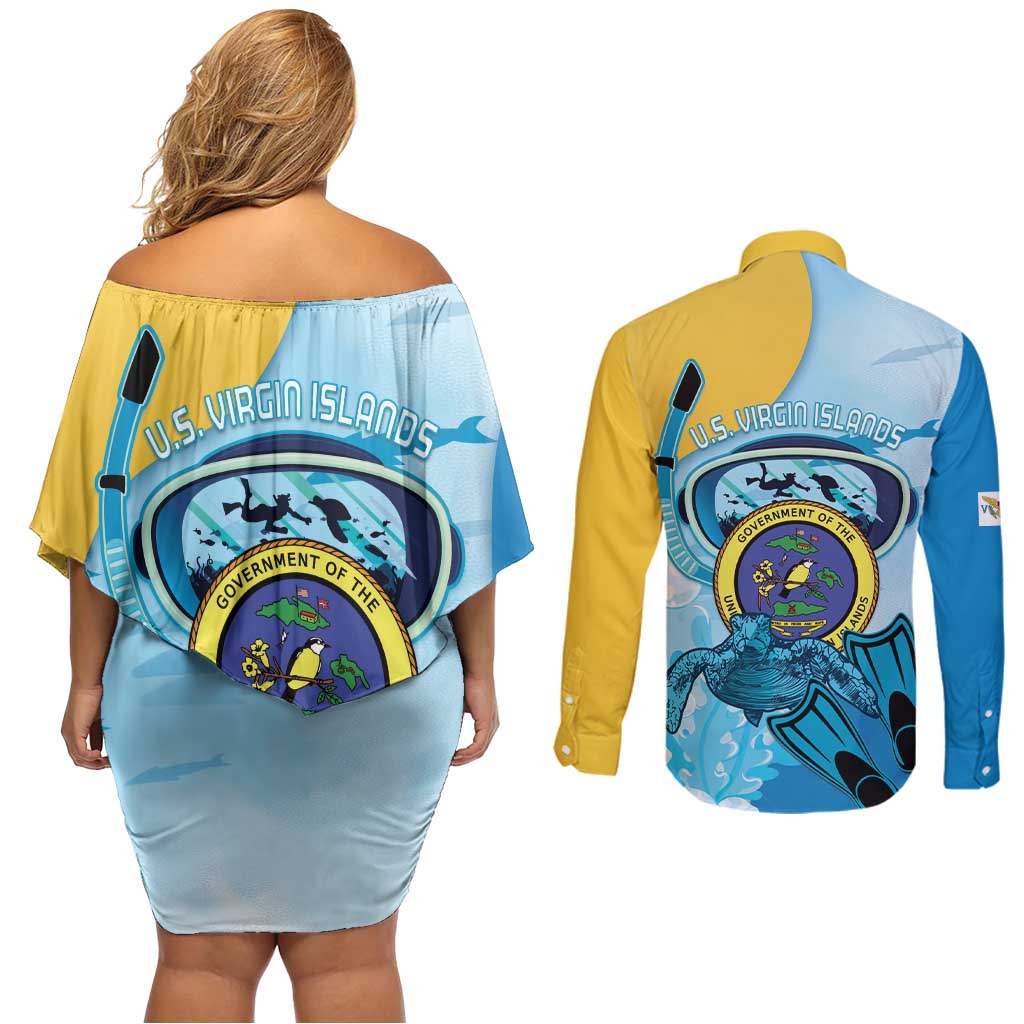 US Virgin Islands Snorkeling Couples Matching Off Shoulder Short Dress and Long Sleeve Button Shirt Sea Turtle Snorkel Ocean Style - Wonder Print Shop