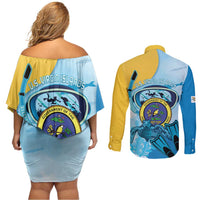 US Virgin Islands Snorkeling Couples Matching Off Shoulder Short Dress and Long Sleeve Button Shirt Sea Turtle Snorkel Ocean Style - Wonder Print Shop