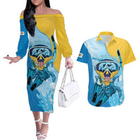 US Virgin Islands Snorkeling Couples Matching Off The Shoulder Long Sleeve Dress and Hawaiian Shirt Sea Turtle Snorkel Ocean Style - Wonder Print Shop