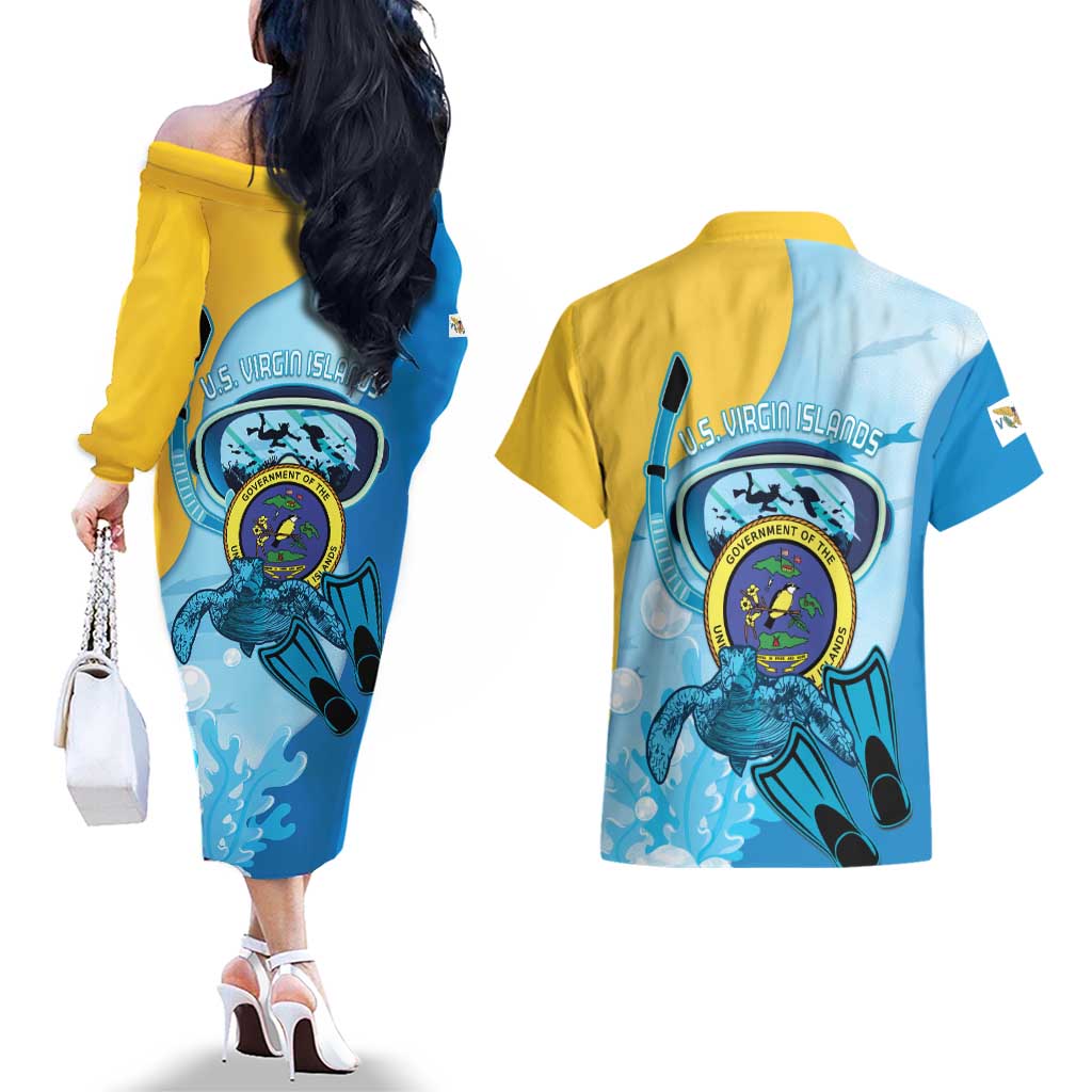 US Virgin Islands Snorkeling Couples Matching Off The Shoulder Long Sleeve Dress and Hawaiian Shirt Sea Turtle Snorkel Ocean Style - Wonder Print Shop