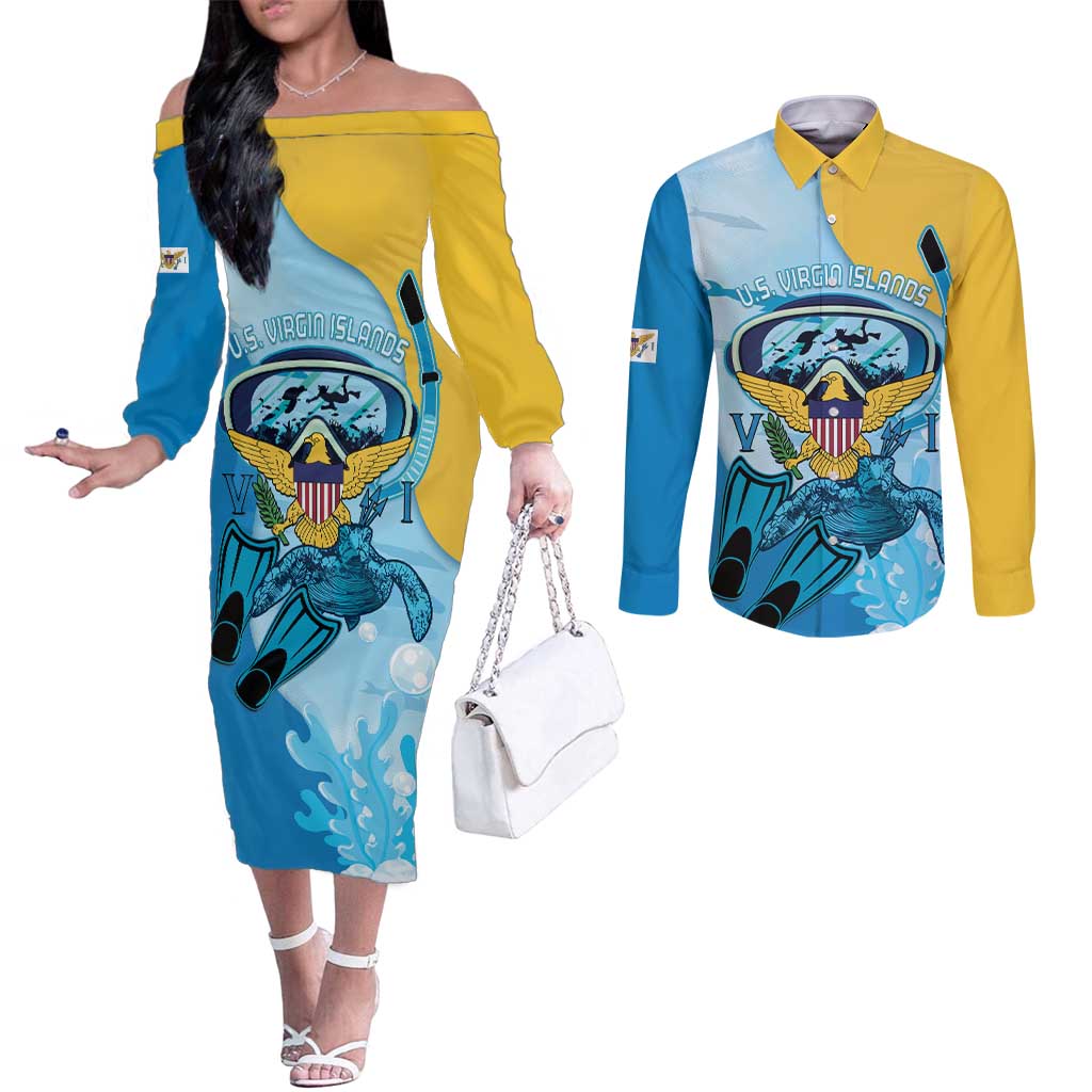 US Virgin Islands Snorkeling Couples Matching Off The Shoulder Long Sleeve Dress and Long Sleeve Button Shirt Sea Turtle Snorkel Ocean Style - Wonder Print Shop