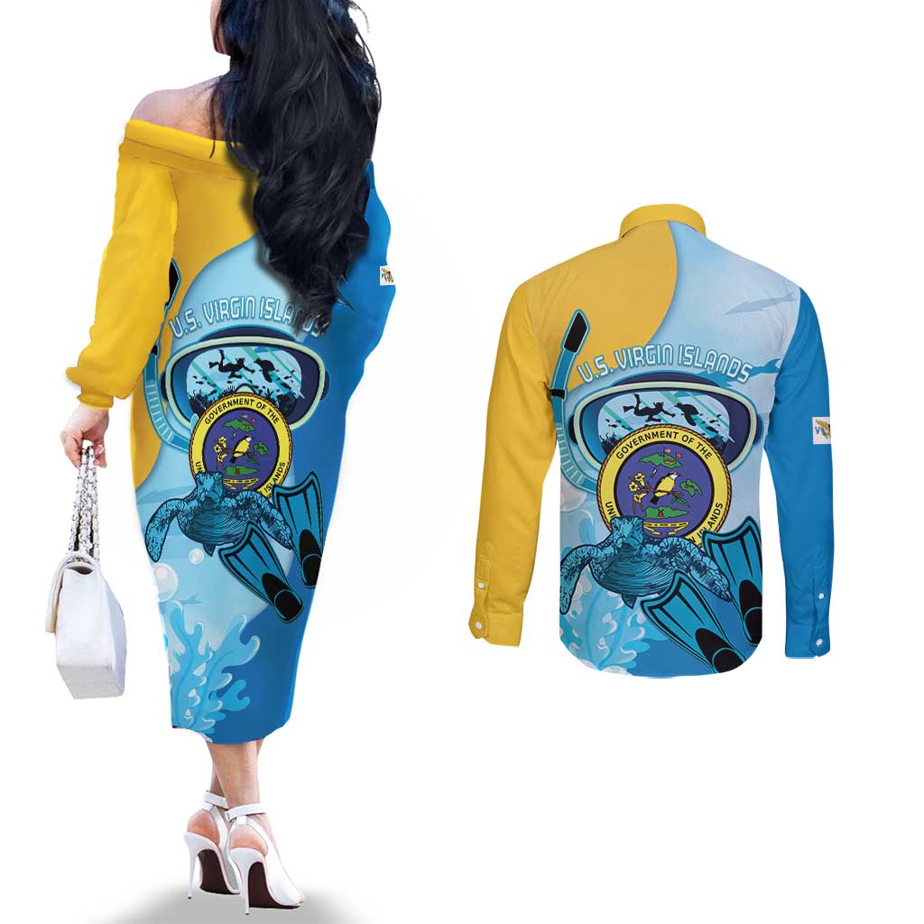 US Virgin Islands Snorkeling Couples Matching Off The Shoulder Long Sleeve Dress and Long Sleeve Button Shirt Sea Turtle Snorkel Ocean Style - Wonder Print Shop