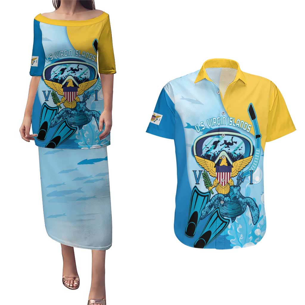 US Virgin Islands Snorkeling Couples Matching Puletasi and Hawaiian Shirt Sea Turtle Snorkel Ocean Style - Wonder Print Shop