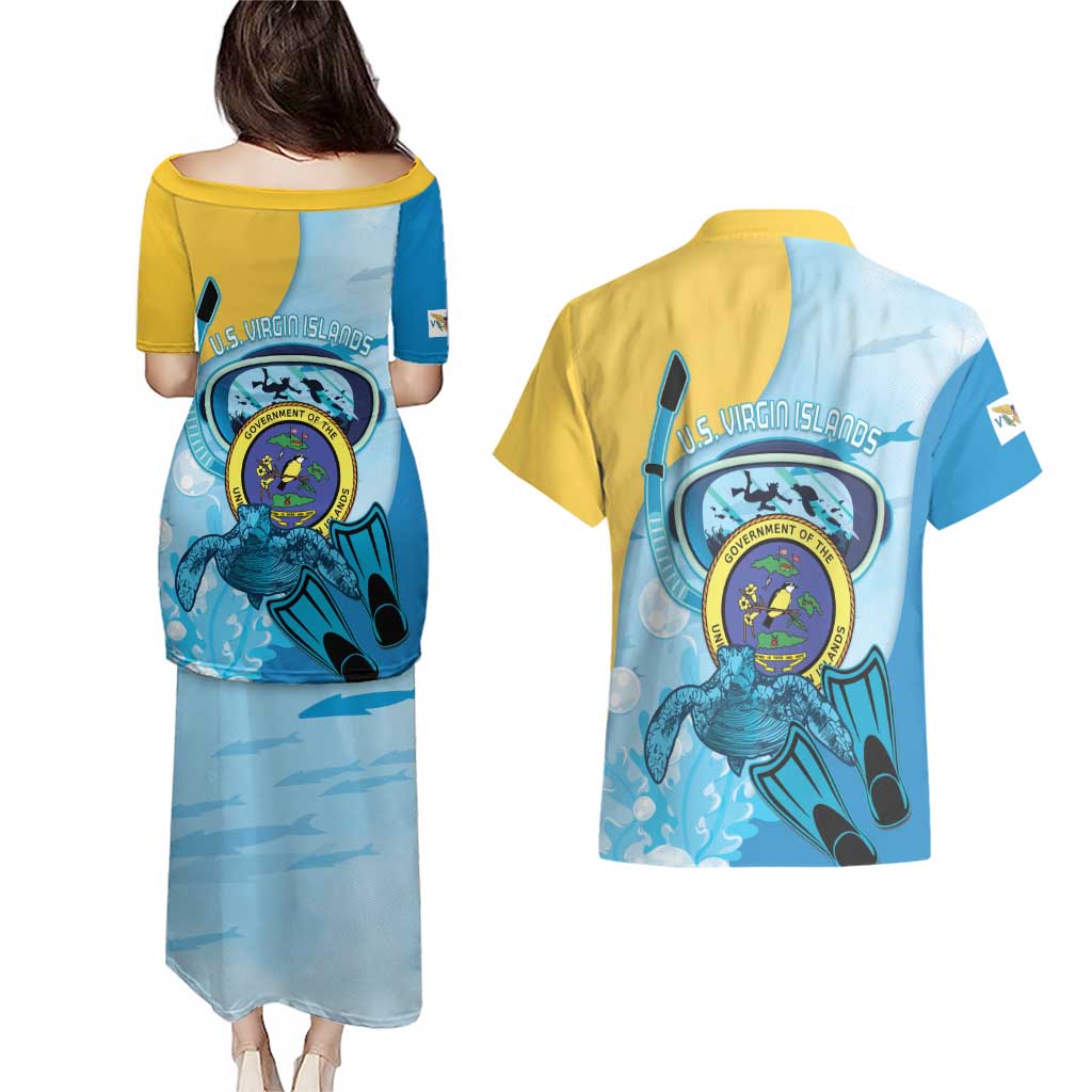 US Virgin Islands Snorkeling Couples Matching Puletasi and Hawaiian Shirt Sea Turtle Snorkel Ocean Style - Wonder Print Shop