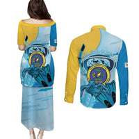 US Virgin Islands Snorkeling Couples Matching Puletasi and Long Sleeve Button Shirt Sea Turtle Snorkel Ocean Style - Wonder Print Shop