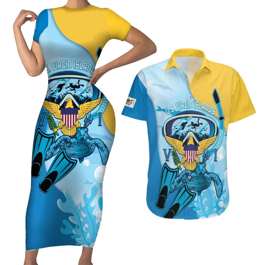 US Virgin Islands Snorkeling Couples Matching Short Sleeve Bodycon Dress and Hawaiian Shirt Sea Turtle Snorkel Ocean Style - Wonder Print Shop