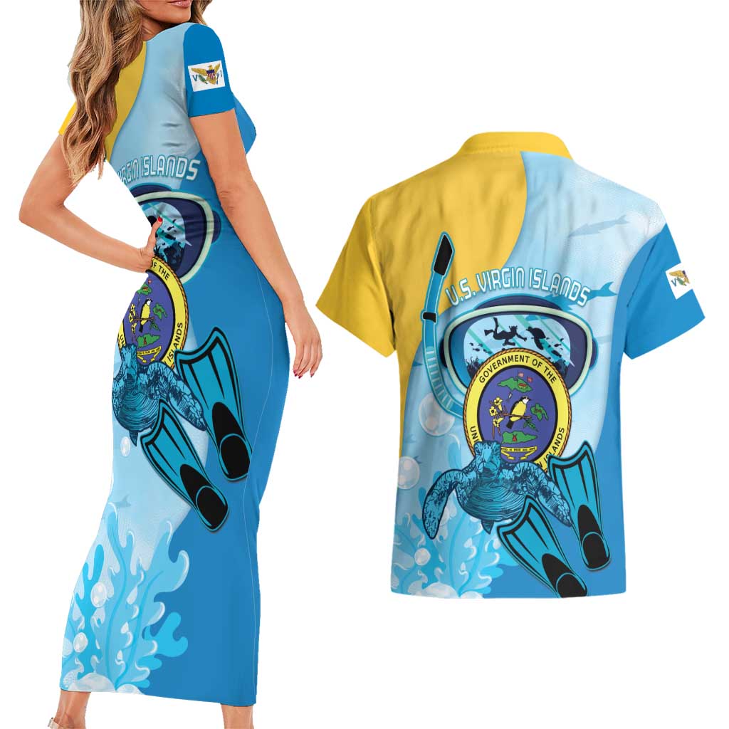 US Virgin Islands Snorkeling Couples Matching Short Sleeve Bodycon Dress and Hawaiian Shirt Sea Turtle Snorkel Ocean Style - Wonder Print Shop